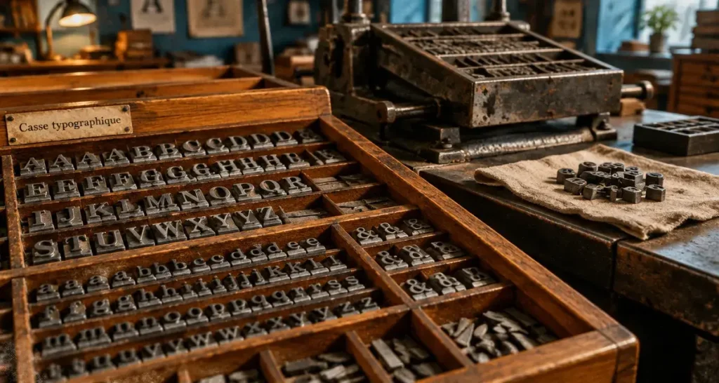 Casse typographique avec cassetins en plomb dans un atelier